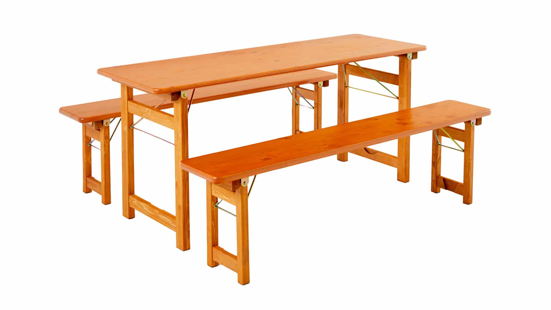 Die Designgarnitur Rustica bestehend aus Tisch und zwei Bänken ohne Lehne.