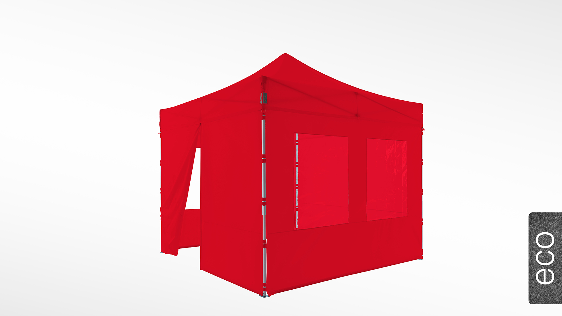 Der 3x3 Faltpavillon in rot mit einer geschlossenen Seitenwand, Seitenwand mit Fenstern und Seitenwand mit Tür.