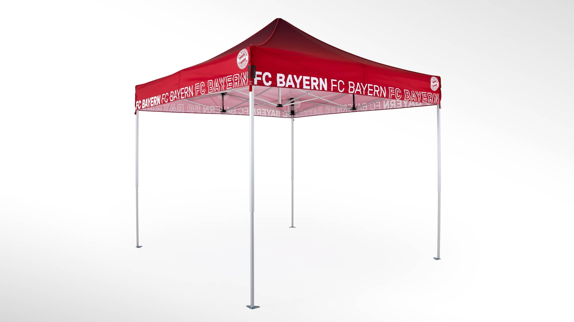 Der FC Bayern München Faltpavillon in Rot mit Logo und Schriftzug.
