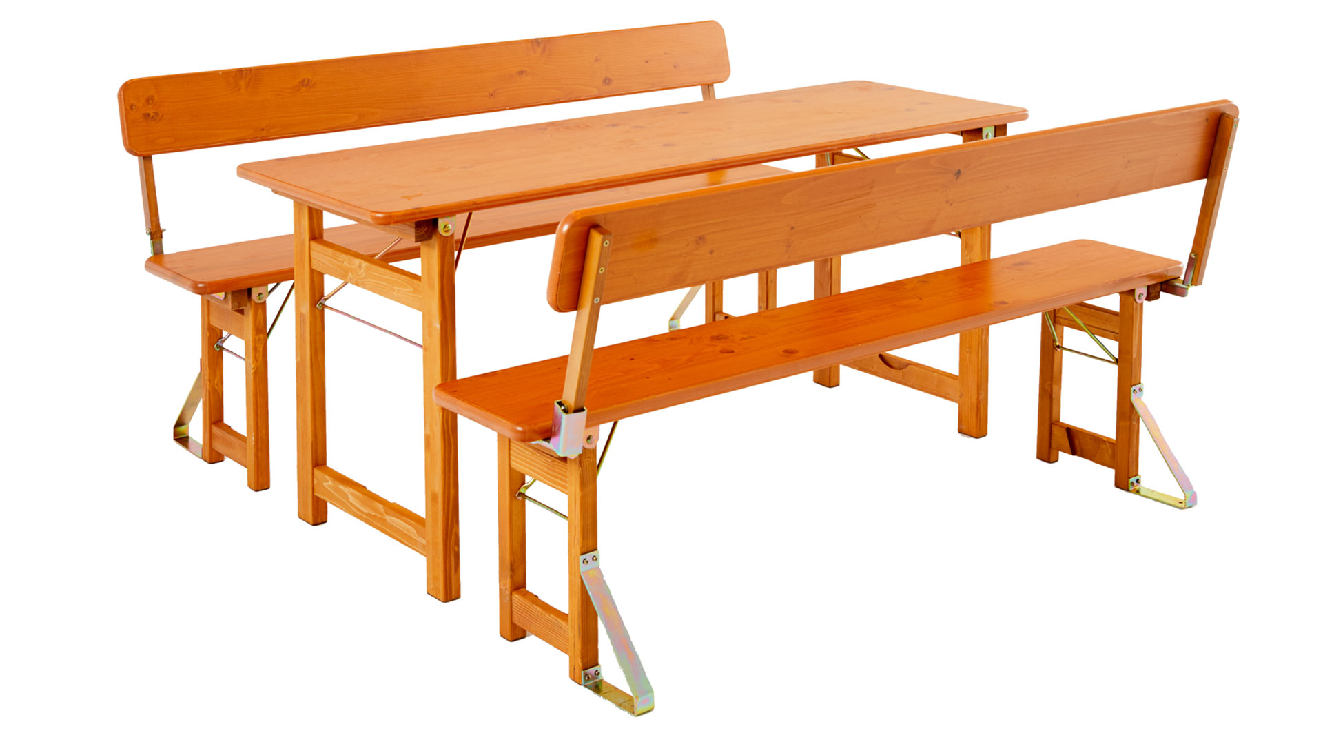 Die Designgarnitur Rustica bestehend aus Tisch und zwei Bänken mit Lehne.